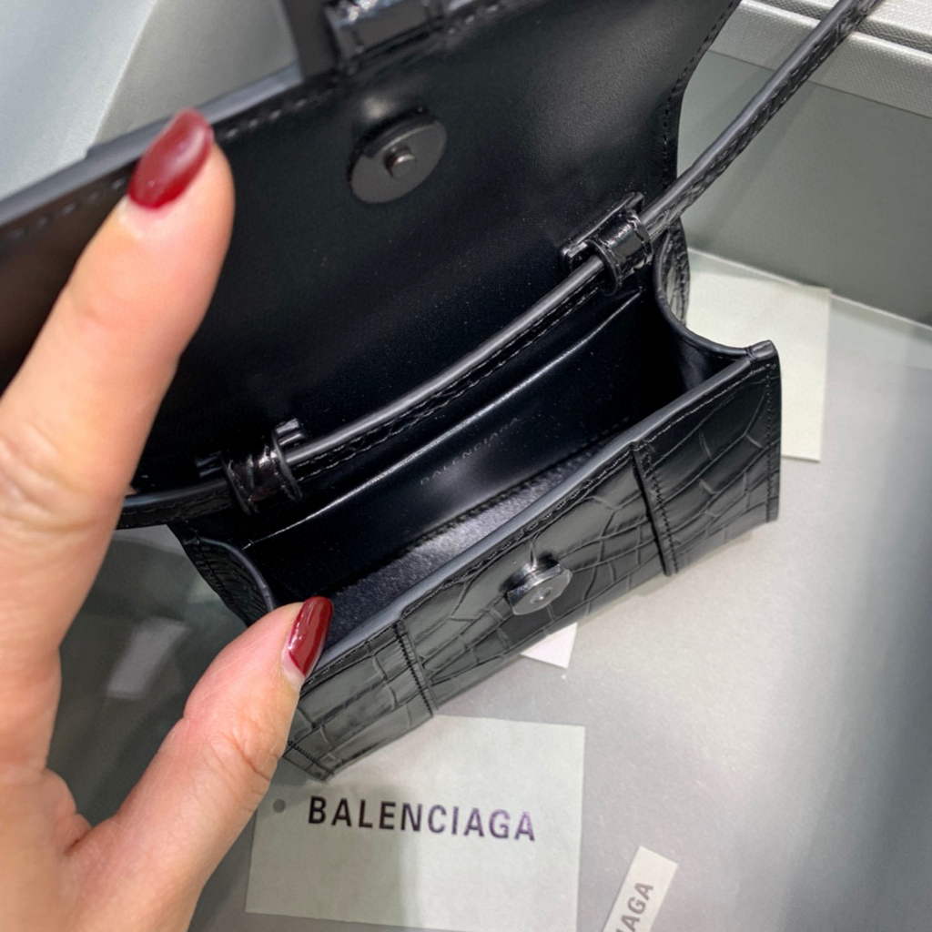 Balenciaga 664676 Hourglass Mini Top Handle Crocodile Bag Black