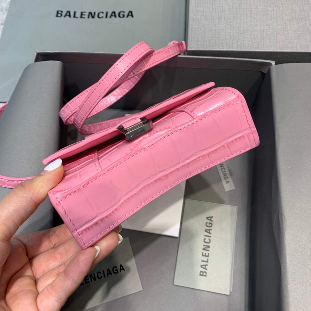 Balenciaga 664676 Hourglass Mini Top Handle Crocodile Bag Pink