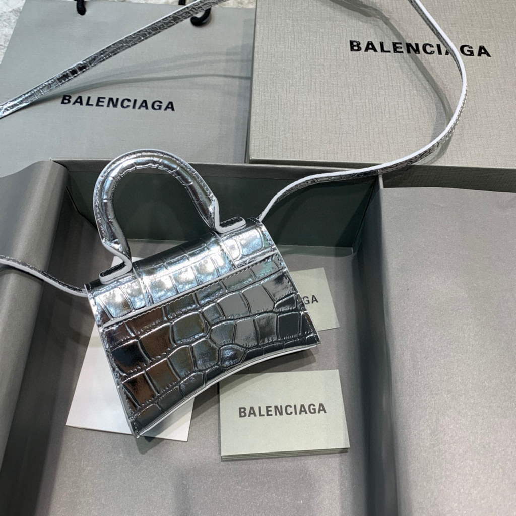 Balenciaga 664676 Hourglass Mini Top Handle Crocodile Bag Silver