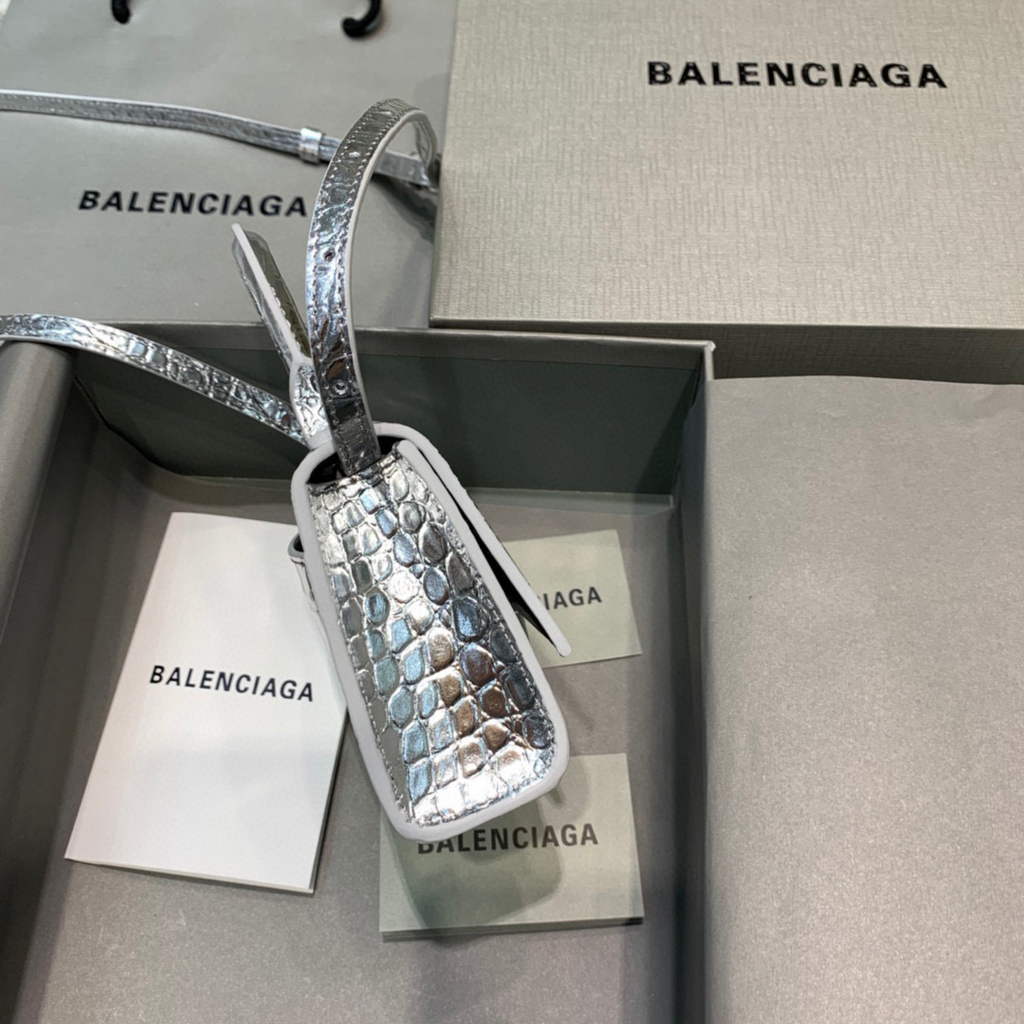 Balenciaga 664676 Hourglass Mini Top Handle Crocodile Bag Silver