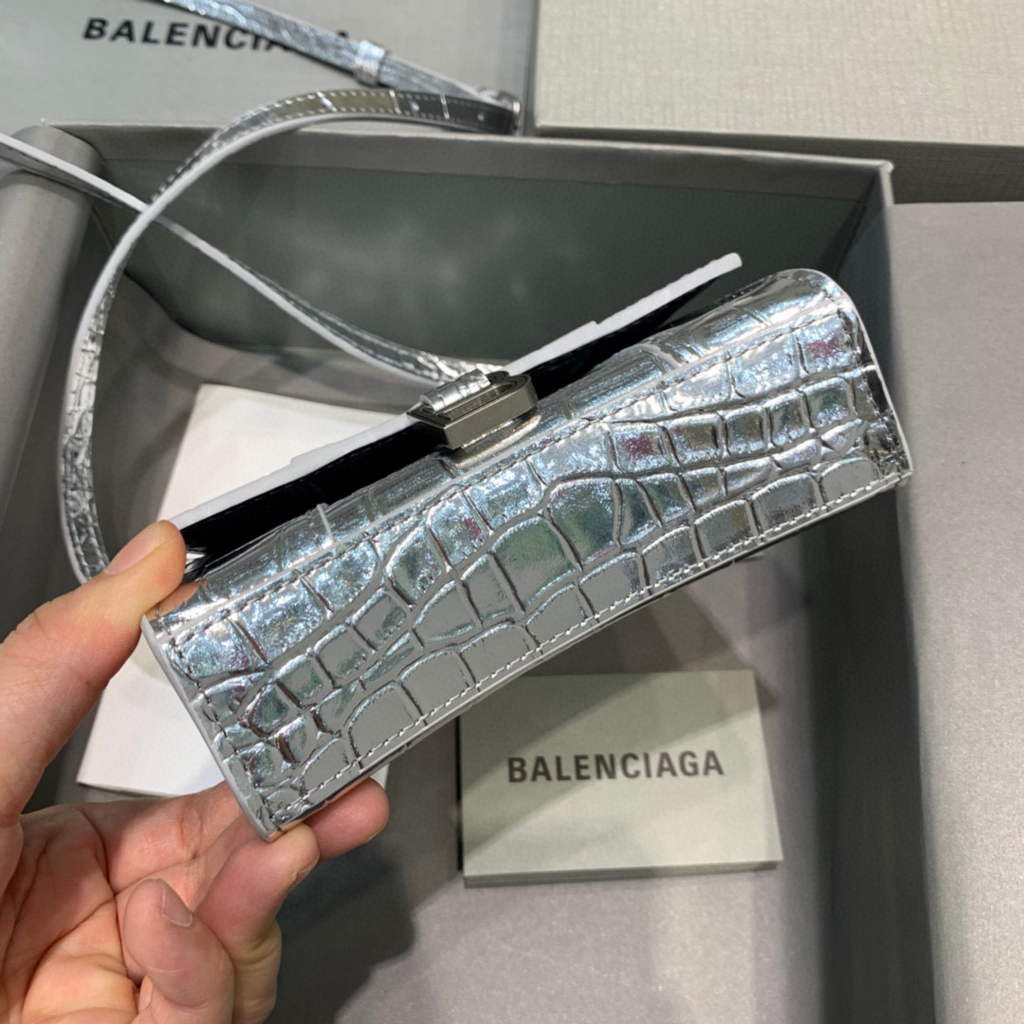 Balenciaga 664676 Hourglass Mini Top Handle Crocodile Bag Silver
