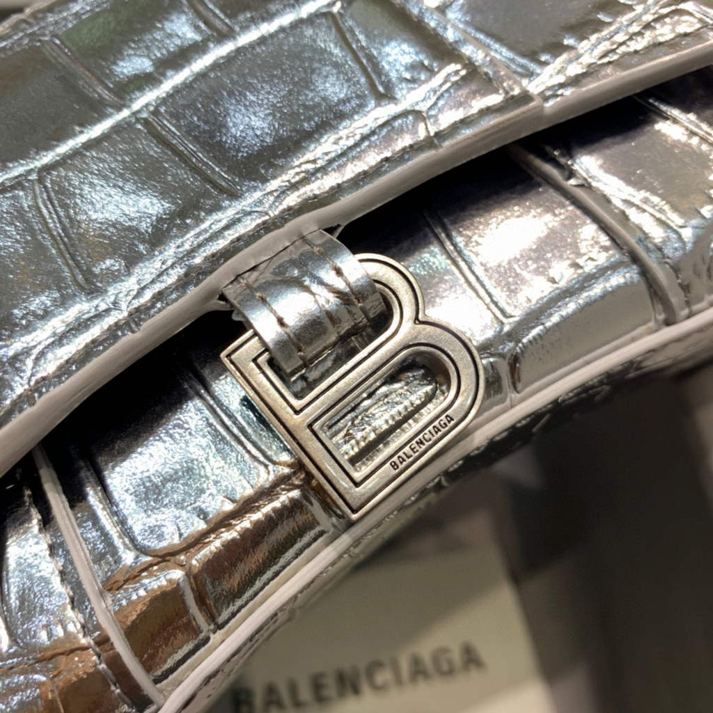 Balenciaga 664676 Hourglass Mini Top Handle Crocodile Bag Silver