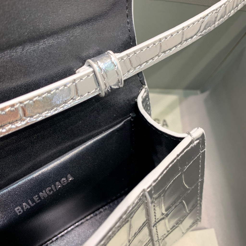 Balenciaga 664676 Hourglass Mini Top Handle Crocodile Bag Silver