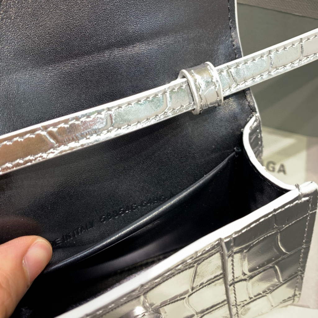 Balenciaga 664676 Hourglass Mini Top Handle Crocodile Bag Silver