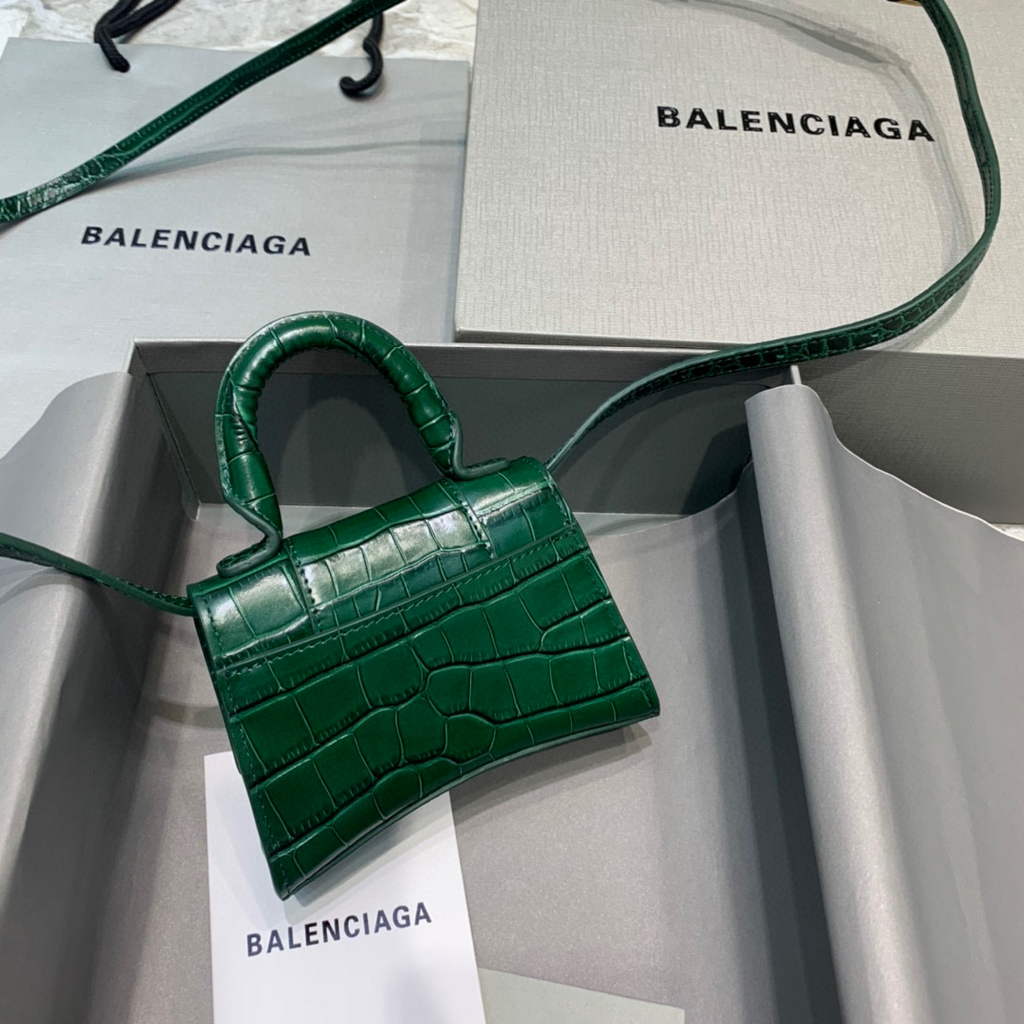 Balenciaga 664676 Hourglass Mini Top Handle Crocodile Bag Green
