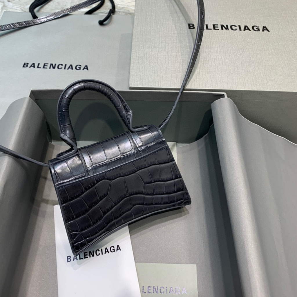 Balenciaga 664676 Hourglass Mini Top Handle Crocodile Handbag Black