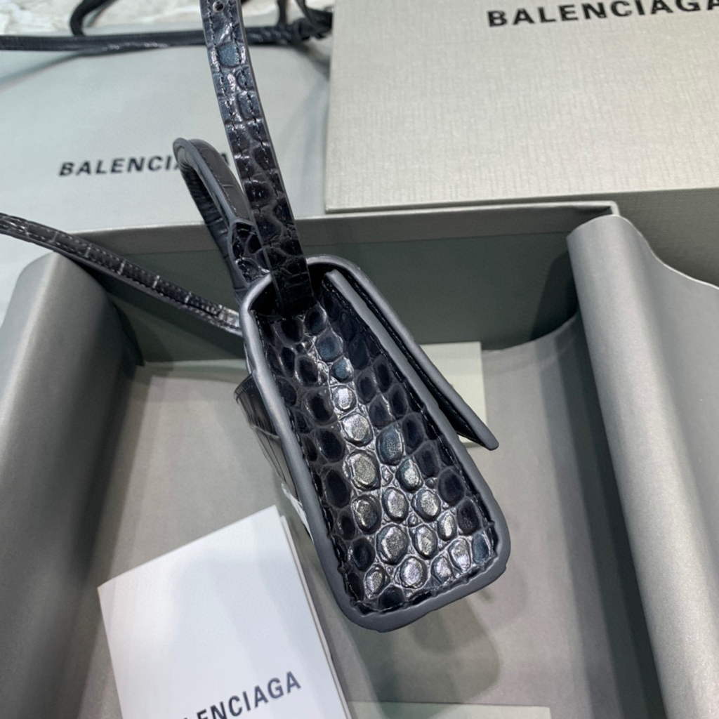 Balenciaga 664676 Hourglass Mini Top Handle Crocodile Handbag Black