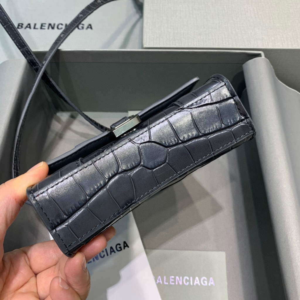Balenciaga 664676 Hourglass Mini Top Handle Crocodile Handbag Black