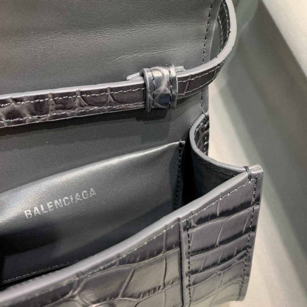 Balenciaga 664676 Hourglass Mini Top Handle Crocodile Handbag Black