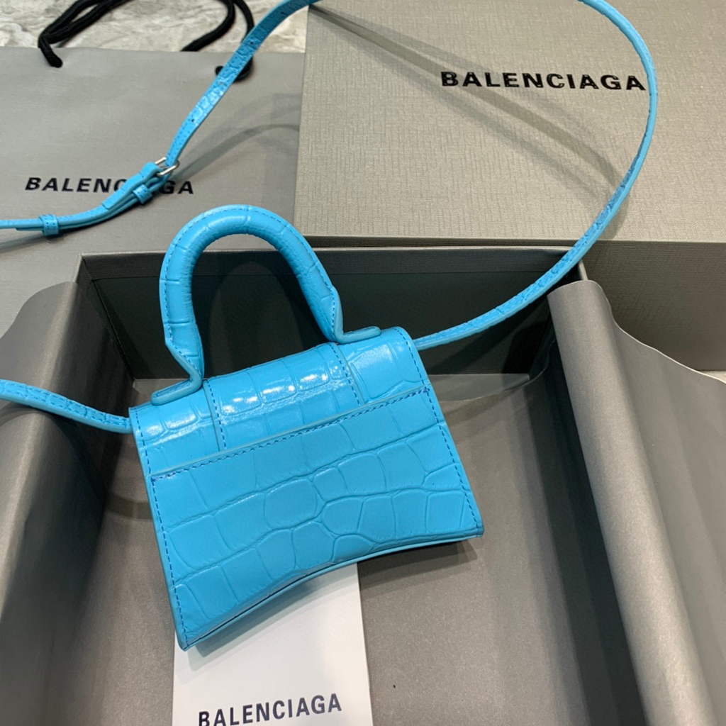 Balenciaga 664676 Hourglass Mini Top Handle Crocodile Bag Blue