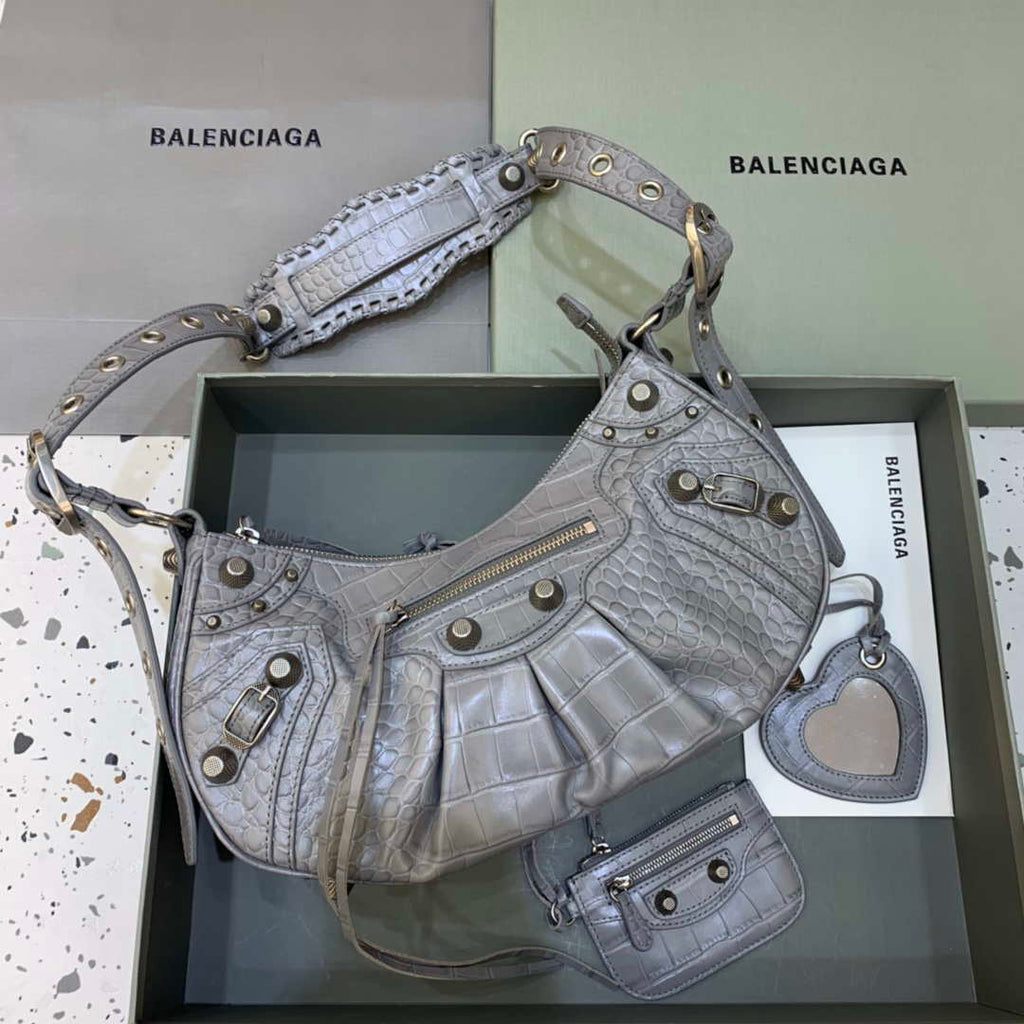 Balenciaga 67130723 Le Cagole Small Shoulder Bag Crocodile Embossed In Gray