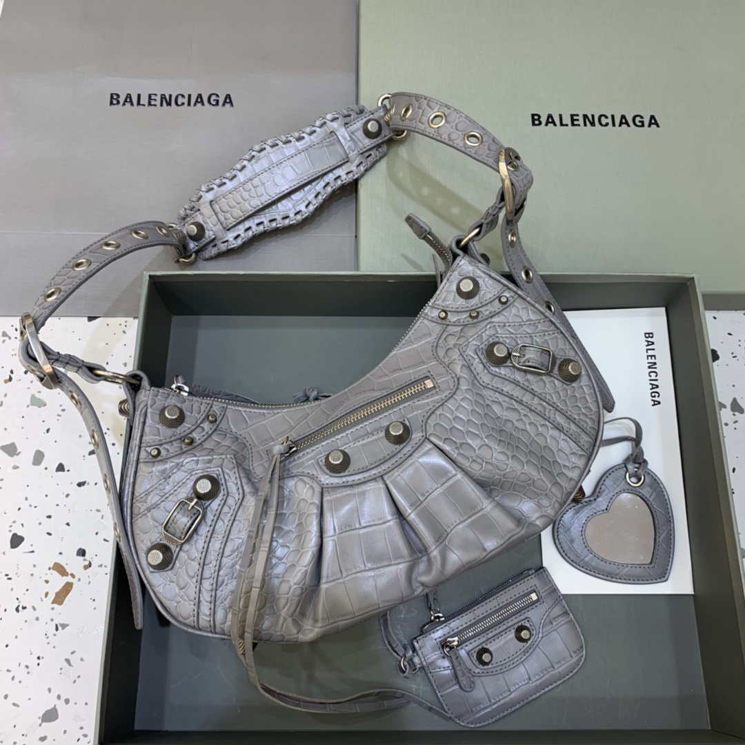 Balenciaga 67130723 Le Cagole Small Shoulder Bag Crocodile Embossed In Gray - Default Title - View 1