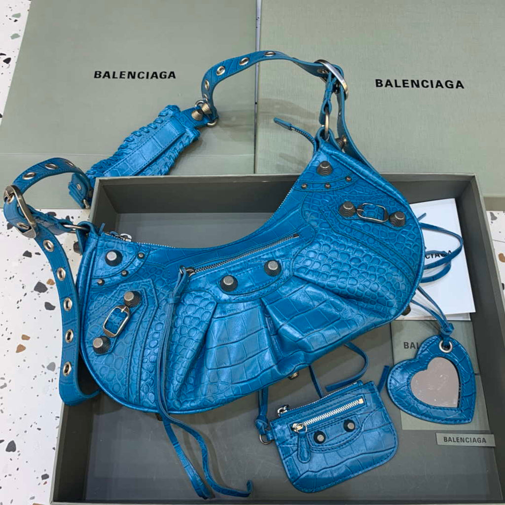 Balenciaga 67130723 Women's Le Cagole Small Shoulder Bag Crocodile Embossed In Blue