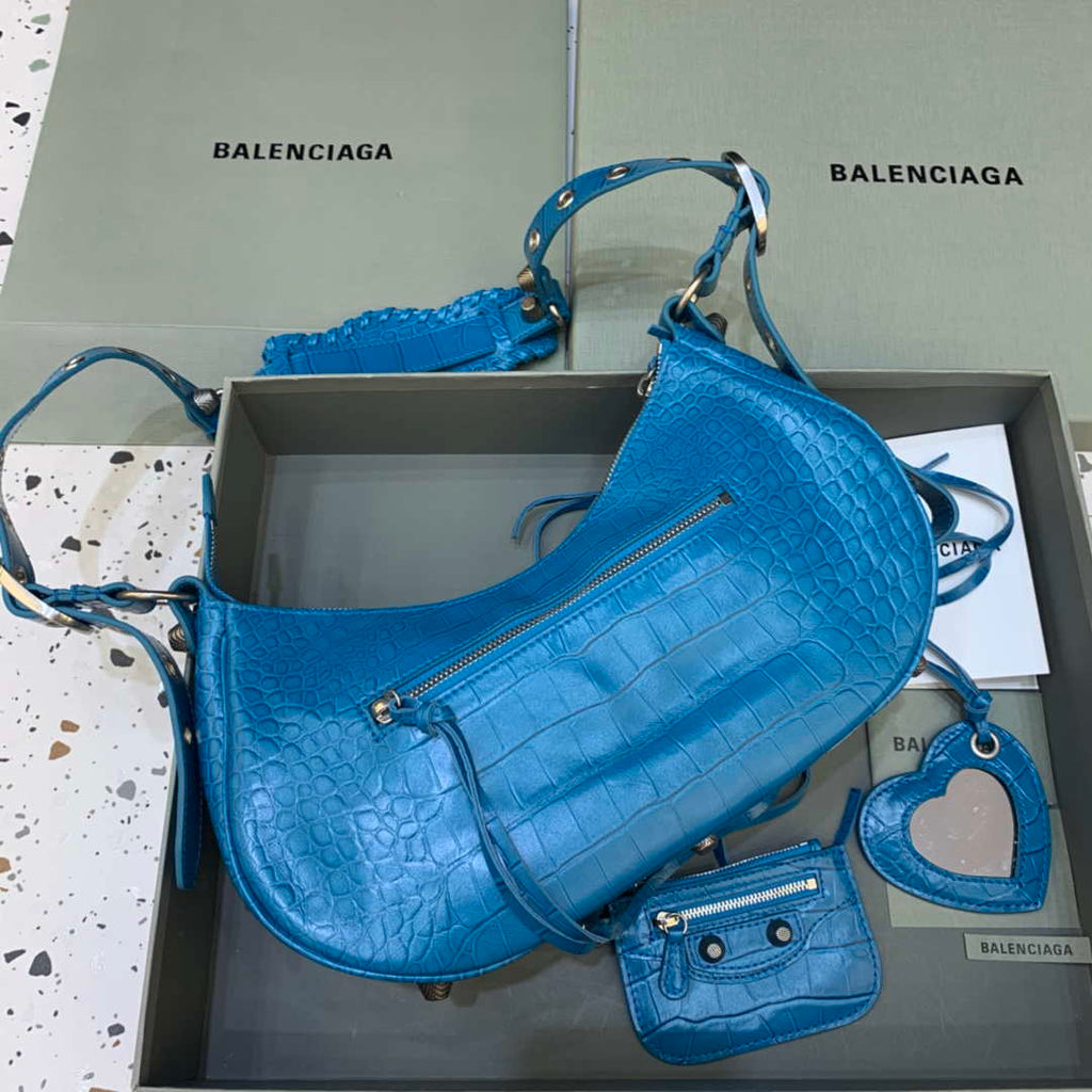 Balenciaga 67130723 Women's Le Cagole Small Shoulder Bag Crocodile Embossed In Blue