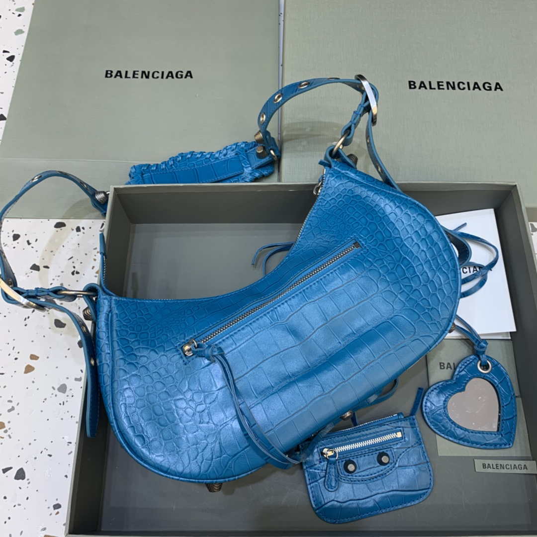 Balenciaga 67130723 Women's Le Cagole Small Shoulder Bag Crocodile Embossed In Blue