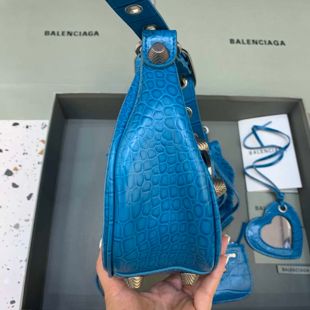 Balenciaga 67130723 Women's Le Cagole Small Shoulder Bag Crocodile Embossed In Blue