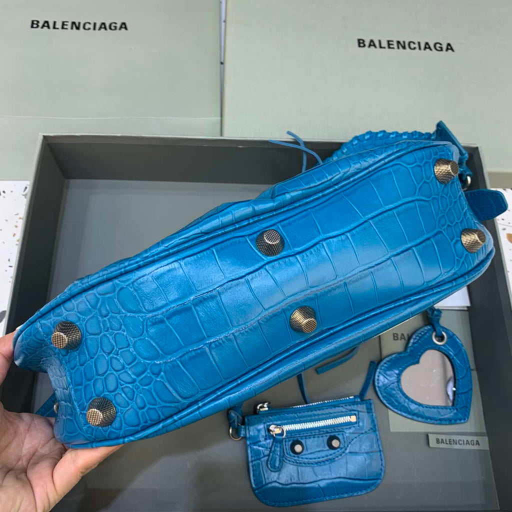 Balenciaga 67130723 Women's Le Cagole Small Shoulder Bag Crocodile Embossed In Blue