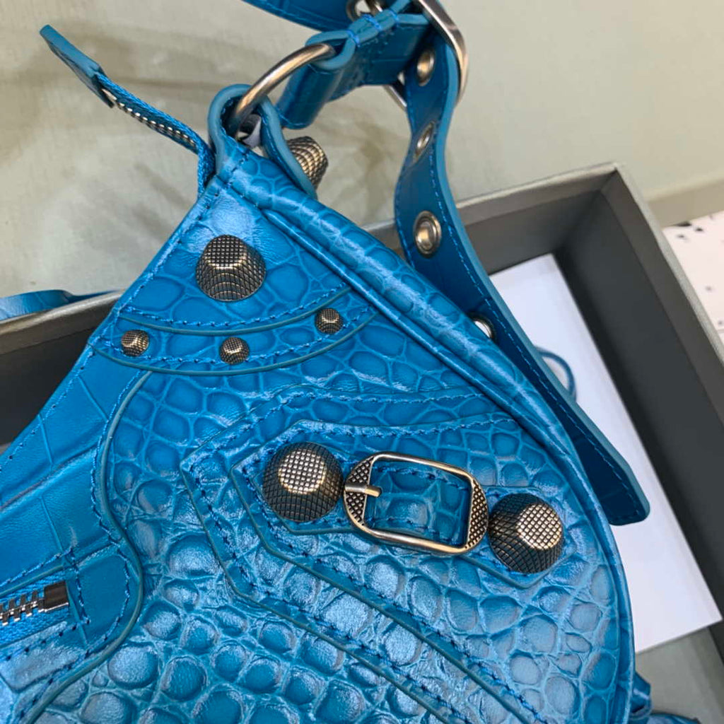 Balenciaga 67130723 Women's Le Cagole Small Shoulder Bag Crocodile Embossed In Blue