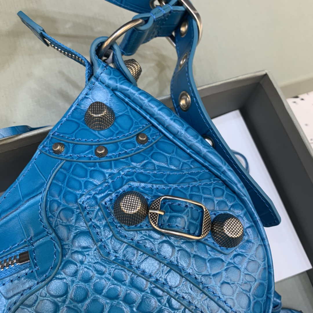 Balenciaga 67130723 Women's Le Cagole Small Shoulder Bag Crocodile Embossed In Blue