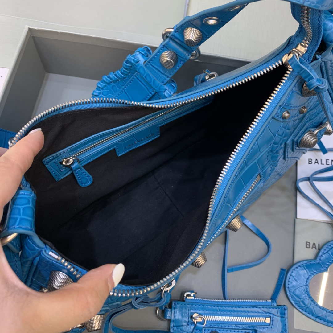 Balenciaga 67130723 Women's Le Cagole Small Shoulder Bag Crocodile Embossed In Blue