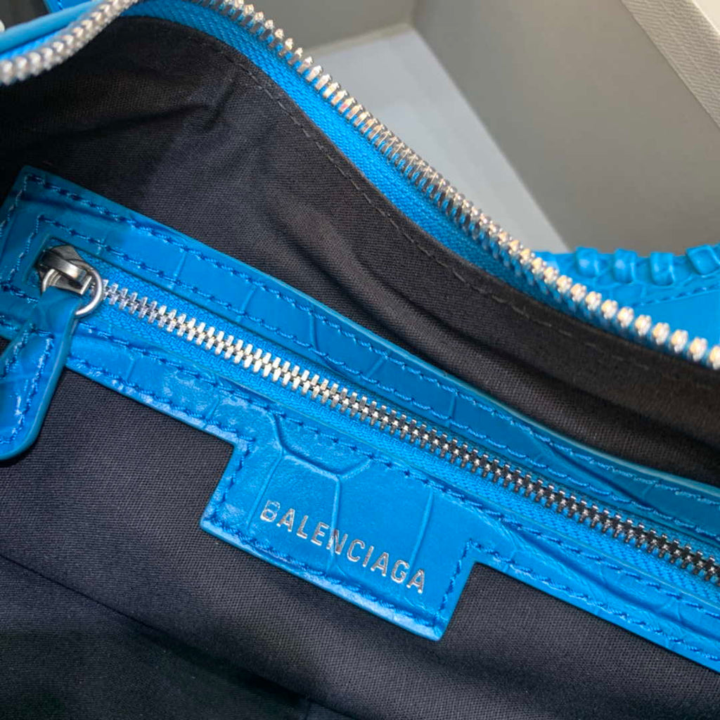 Balenciaga 67130723 Women's Le Cagole Small Shoulder Bag Crocodile Embossed In Blue