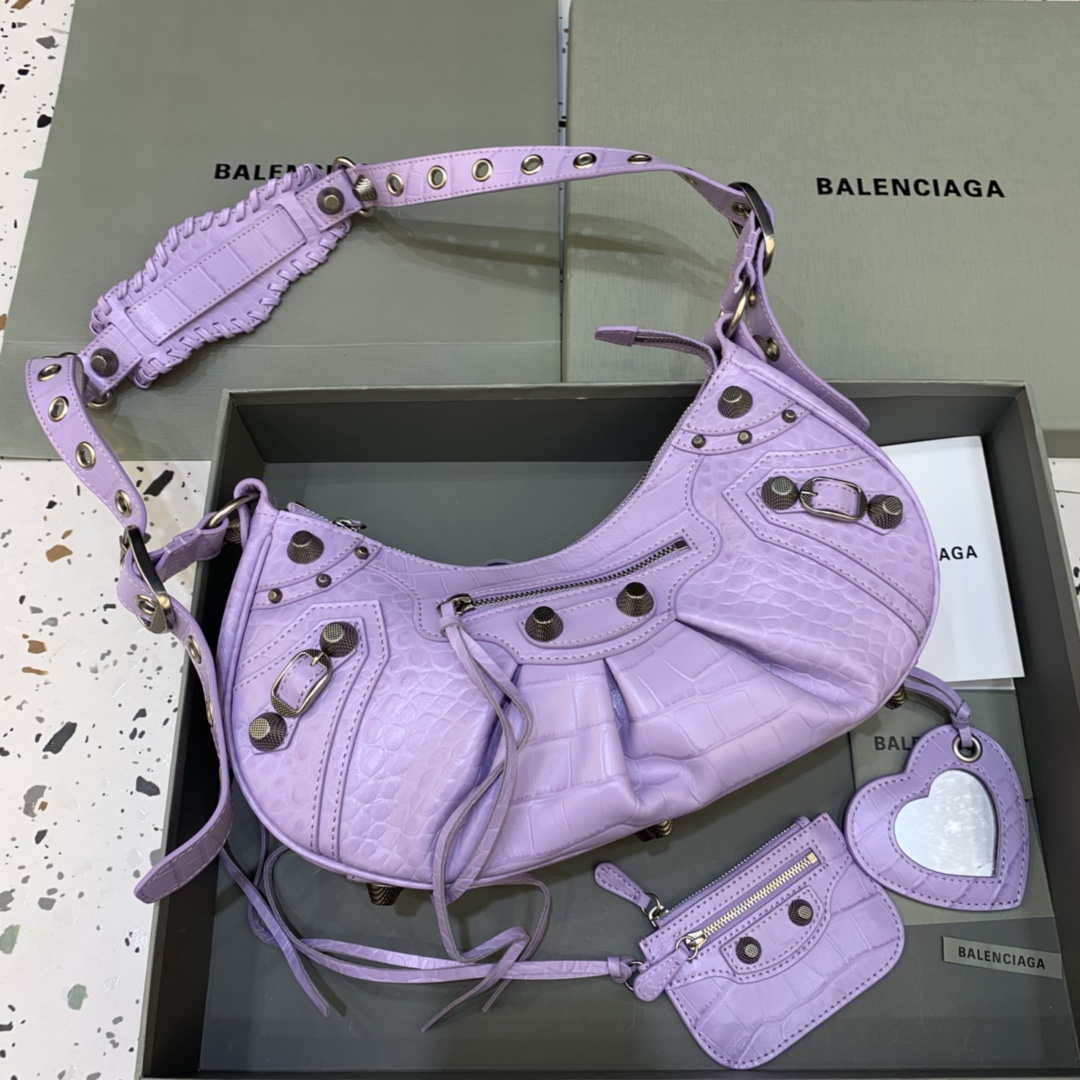 Balenciaga 67130723 Women's Le Cagole Small Shoulder Bag Crocodile Embossed In Purple