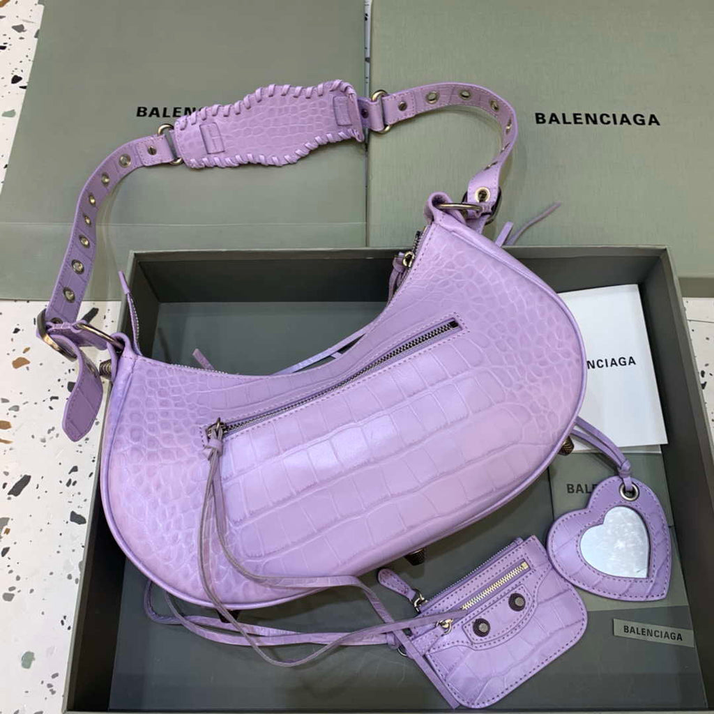 Balenciaga 67130723 Women's Le Cagole Small Shoulder Bag Crocodile Embossed In Purple