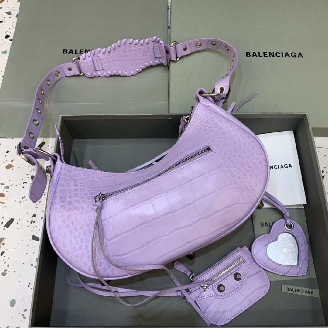 Balenciaga 67130723 Women's Le Cagole Small Shoulder Bag Crocodile Embossed In Purple