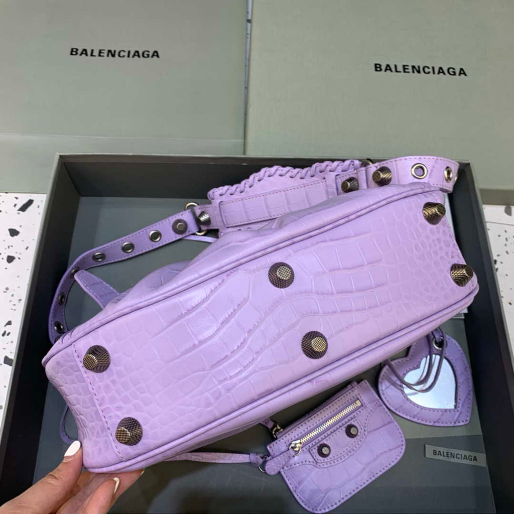 Balenciaga 67130723 Women's Le Cagole Small Shoulder Bag Crocodile Embossed In Purple