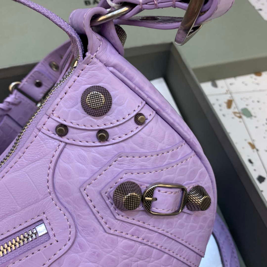 Balenciaga 67130723 Women's Le Cagole Small Shoulder Bag Crocodile Embossed In Purple