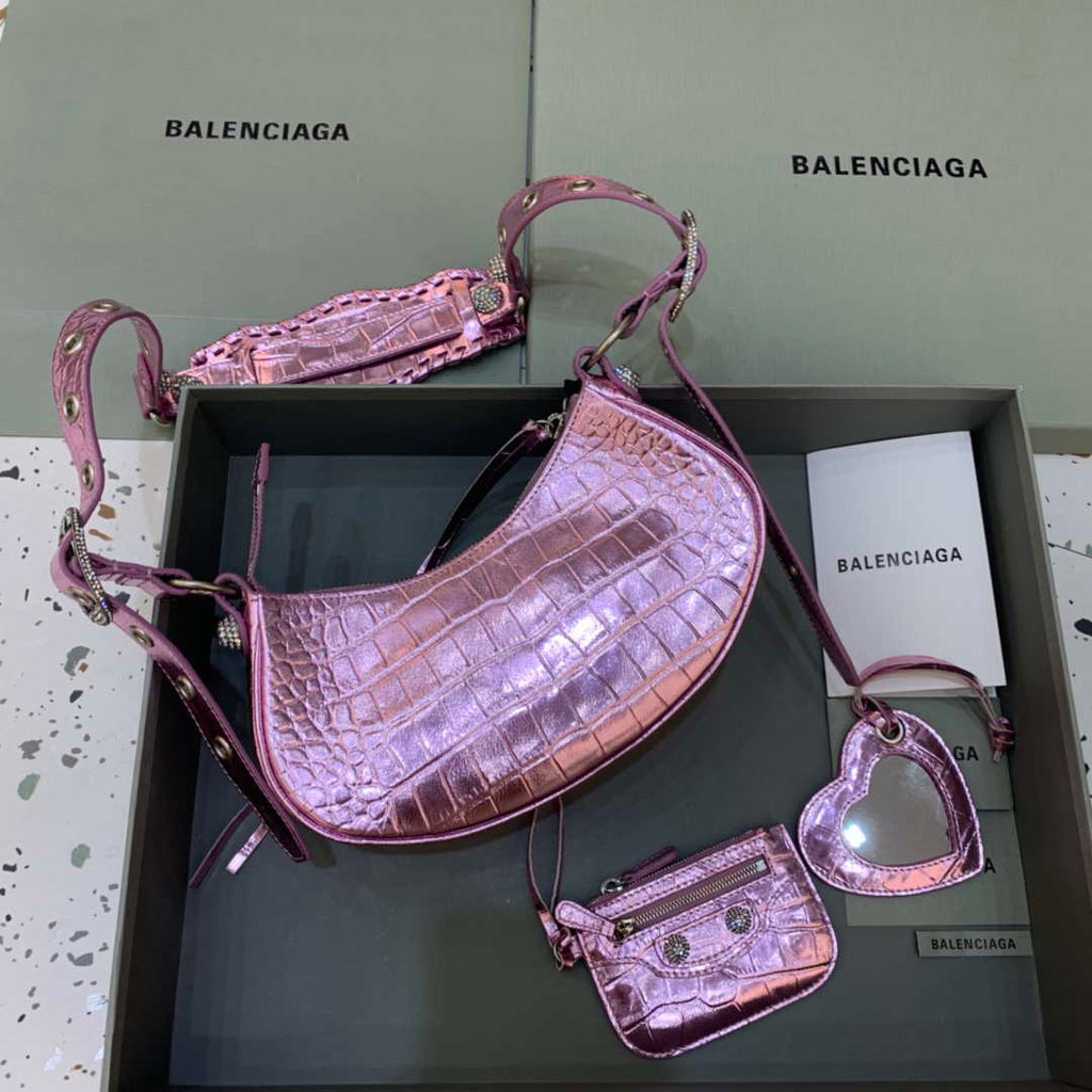 Balenciaga 700940210 Women's Neo Cagole XS Handbag in Crocodile Embossed Sky Pink