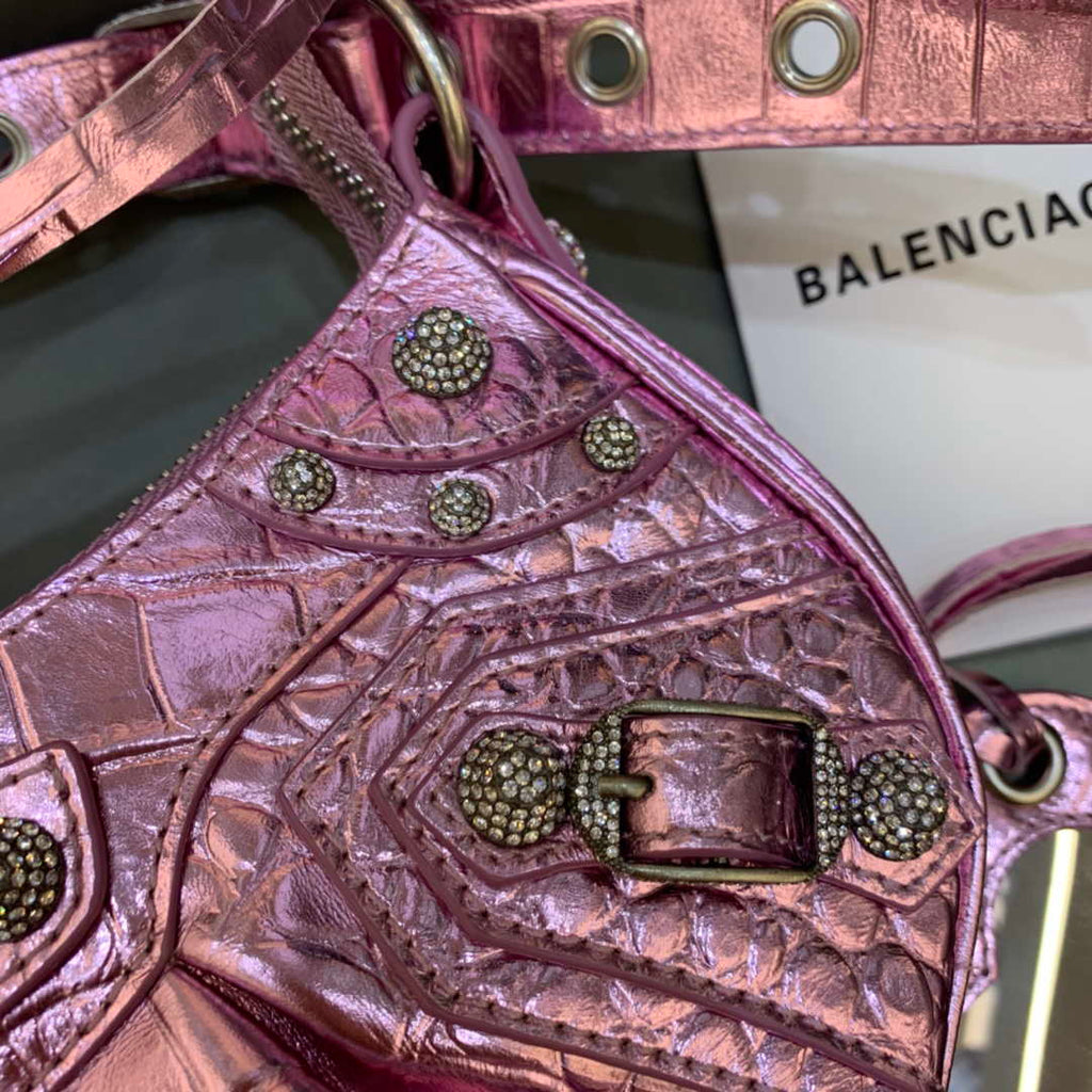 Balenciaga 700940210 Women's Neo Cagole XS Handbag in Crocodile Embossed Sky Pink