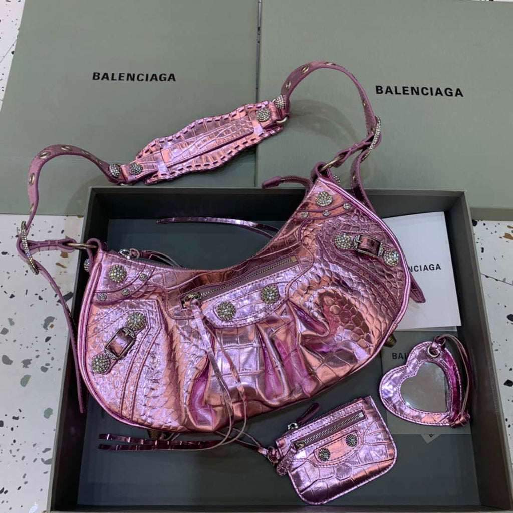 Balenciaga 67130723 Women's Le Cagole Small Shoulder Bag Crocodile Embossed In Sky Pink