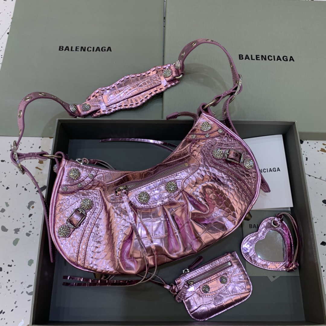 Balenciaga 67130723 Women's Le Cagole Small Shoulder Bag Crocodile Embossed In Sky Pink