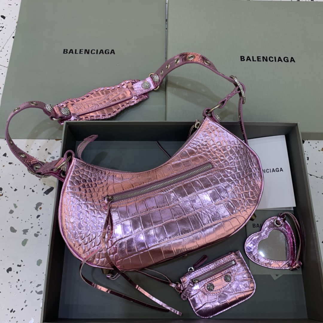 Balenciaga 67130723 Women's Le Cagole Small Shoulder Bag Crocodile Embossed In Sky Pink