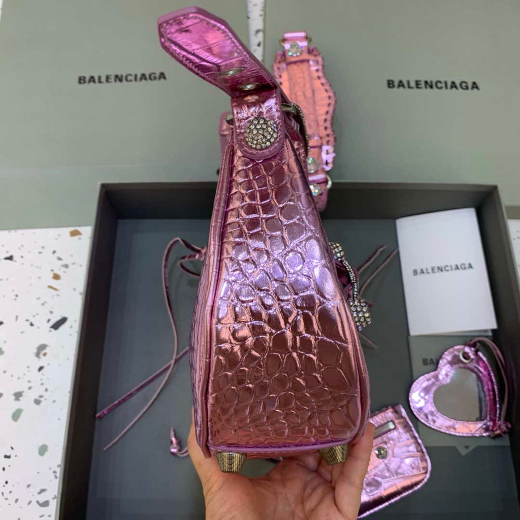 Balenciaga 67130723 Women's Le Cagole Small Shoulder Bag Crocodile Embossed In Sky Pink