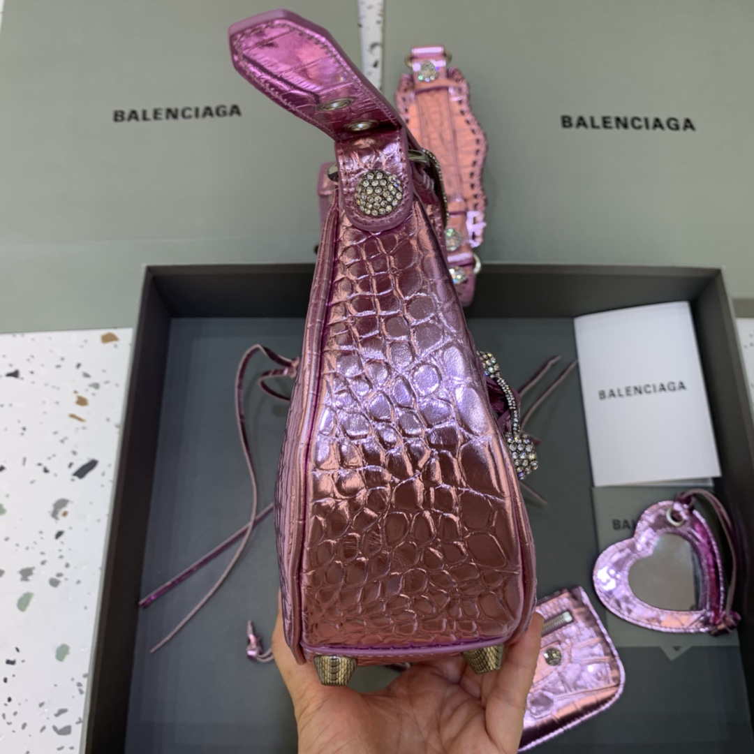 Balenciaga 67130723 Women's Le Cagole Small Shoulder Bag Crocodile Embossed In Sky Pink