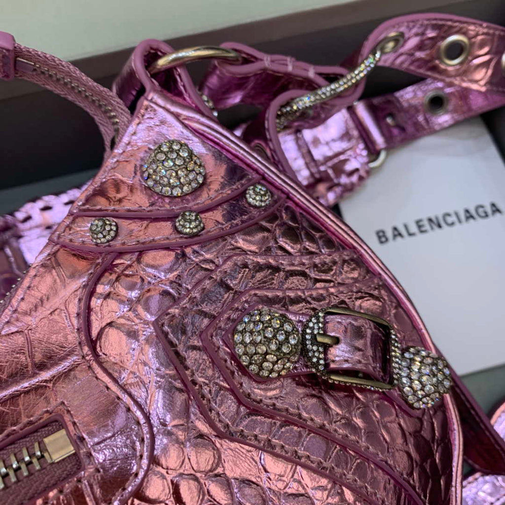 Balenciaga 67130723 Women's Le Cagole Small Shoulder Bag Crocodile Embossed In Sky Pink