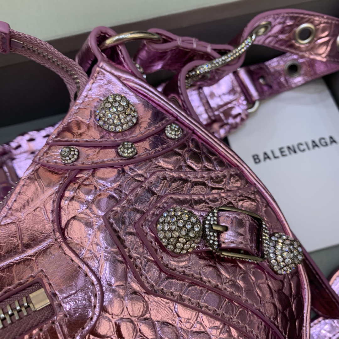Balenciaga 67130723 Women's Le Cagole Small Shoulder Bag Crocodile Embossed In Sky Pink