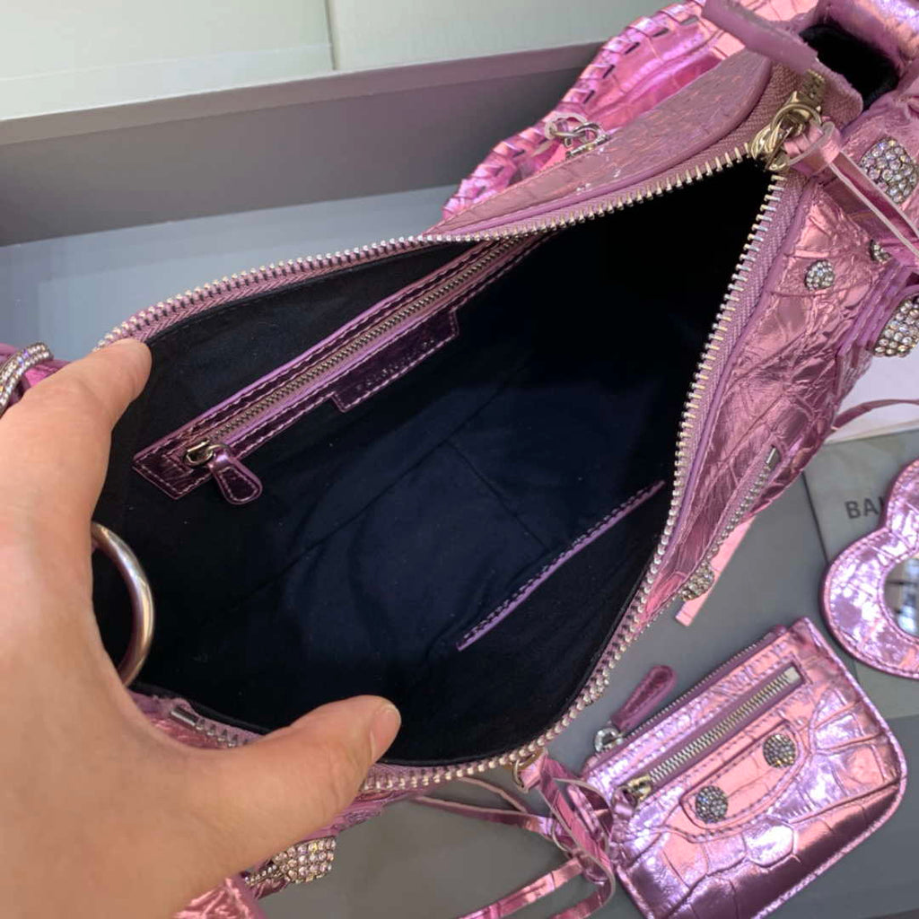Balenciaga 67130723 Women's Le Cagole Small Shoulder Bag Crocodile Embossed In Sky Pink