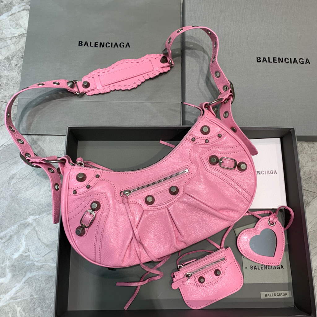 Balenciaga 67130723 Women's Le Cagole Small Shoulder Bag Arena lambskin In Pink
