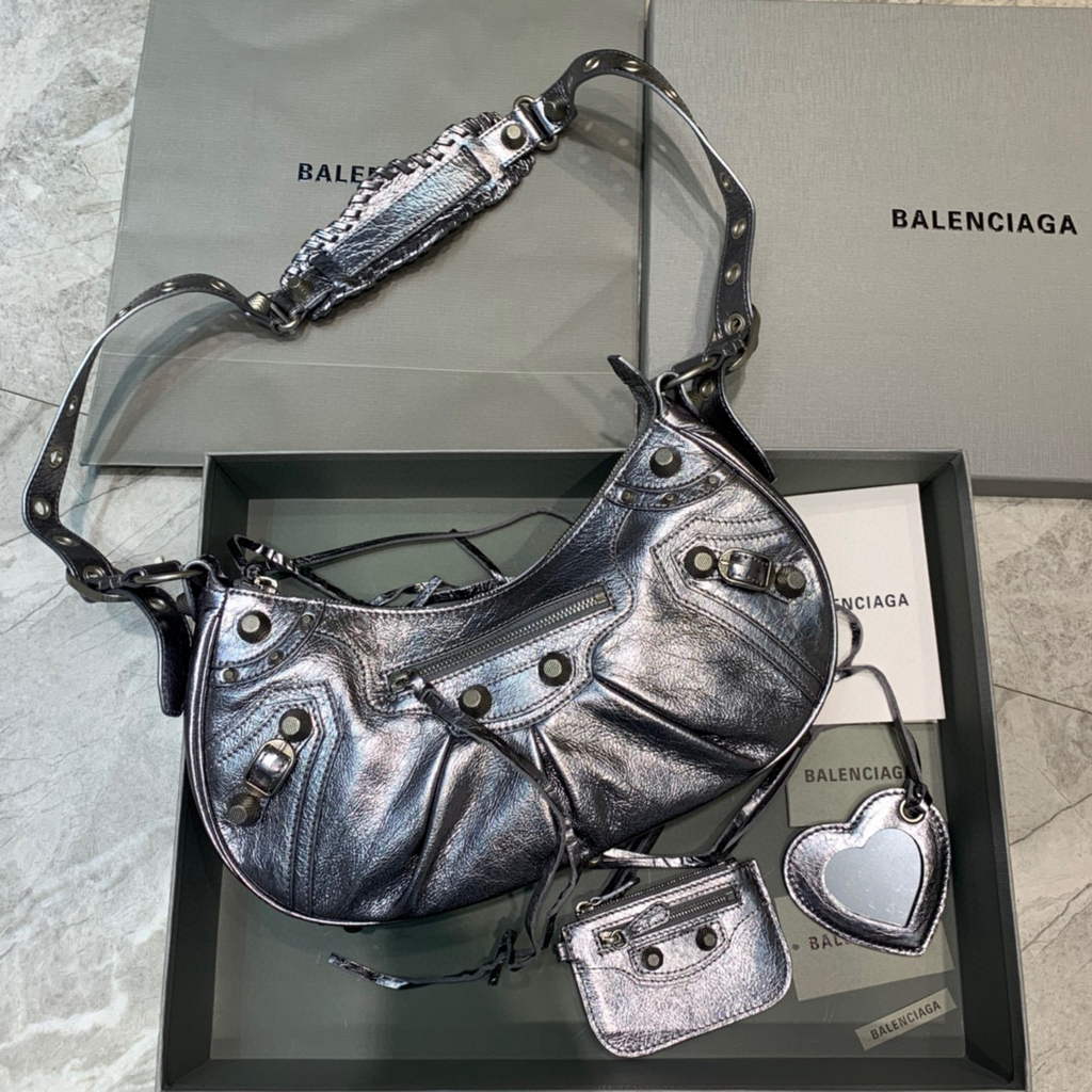 Balenciaga 67130723 Women's Le Cagole Small Shoulder Bag Arena lambskin In Silver