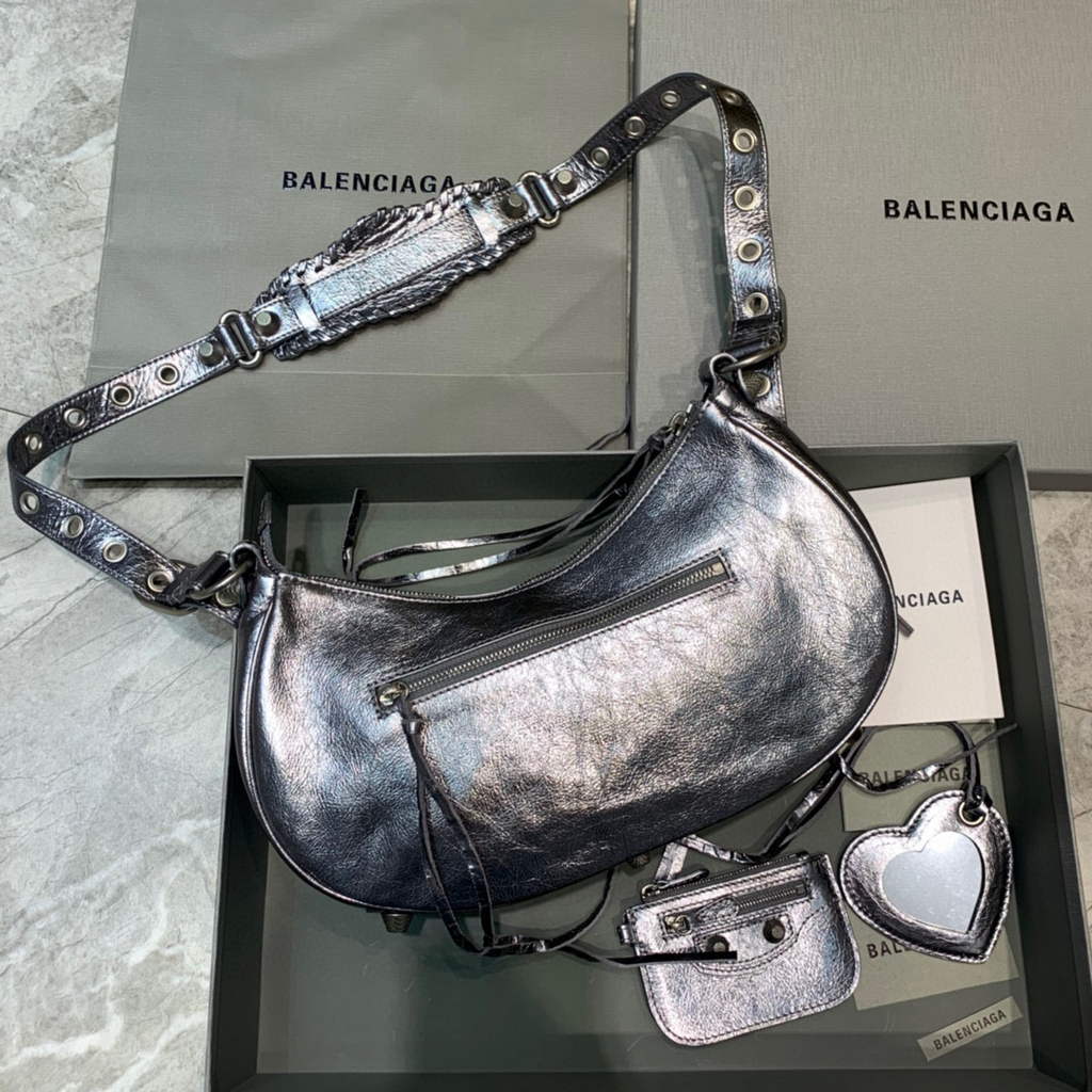 Balenciaga 67130723 Women's Le Cagole Small Shoulder Bag Arena lambskin In Silver