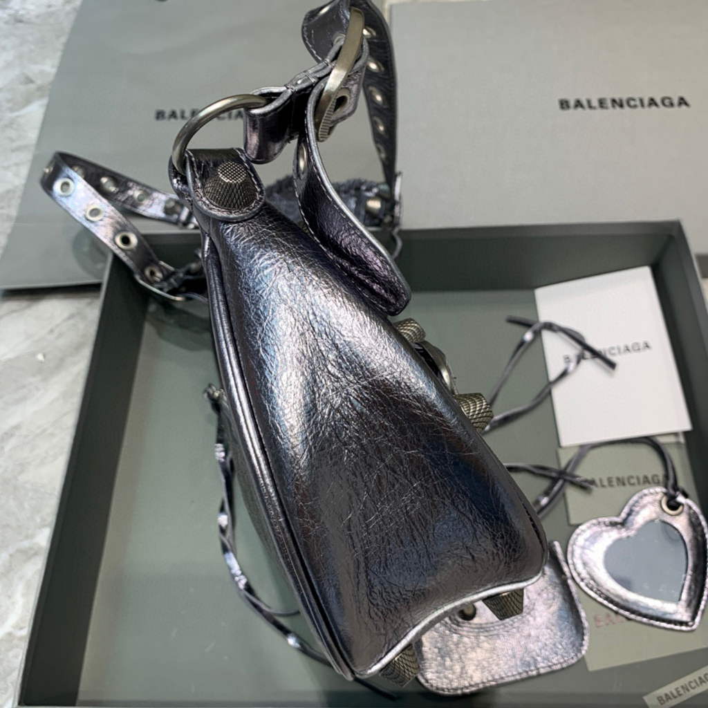 Balenciaga 67130723 Women's Le Cagole Small Shoulder Bag Arena lambskin In Silver