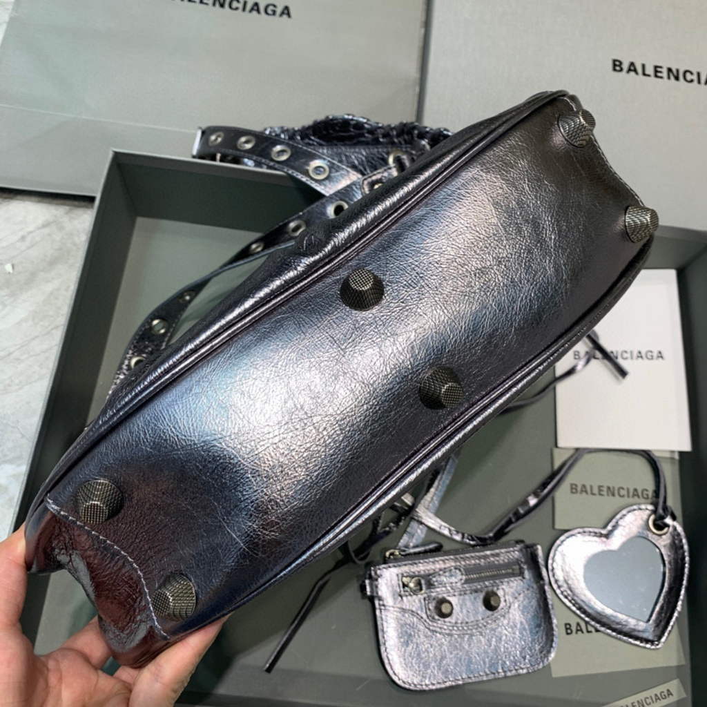 Balenciaga 67130723 Women's Le Cagole Small Shoulder Bag Arena lambskin In Silver