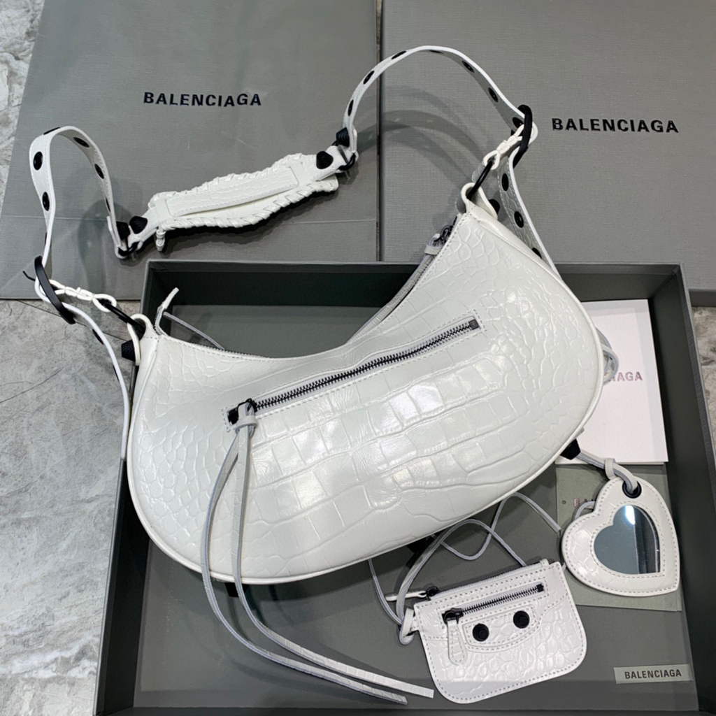 Balenciaga 67130723 Women's Le Cagole Small Shoulder Bag Crocodile Embossed In White