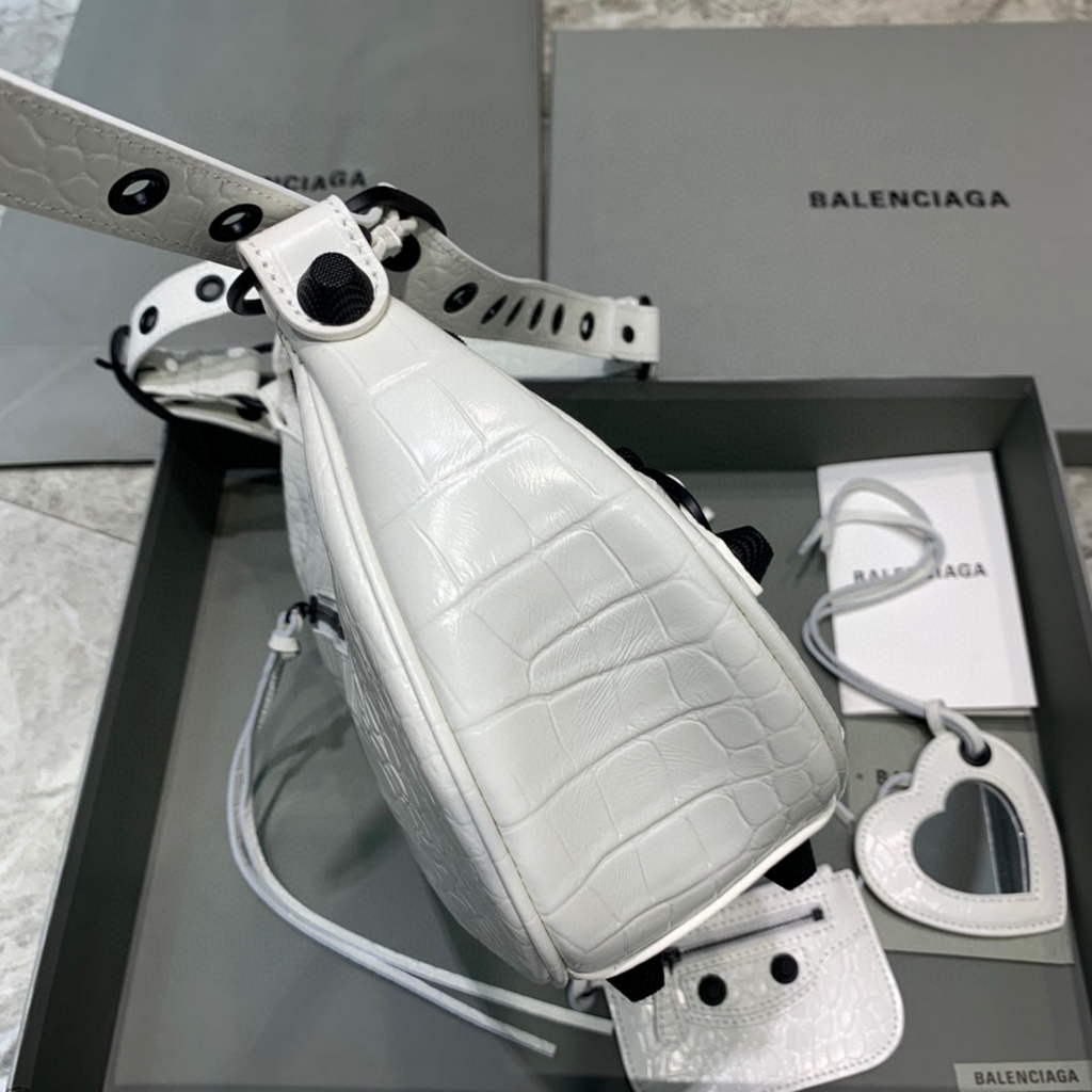 Balenciaga 67130723 Women's Le Cagole Small Shoulder Bag Crocodile Embossed In White