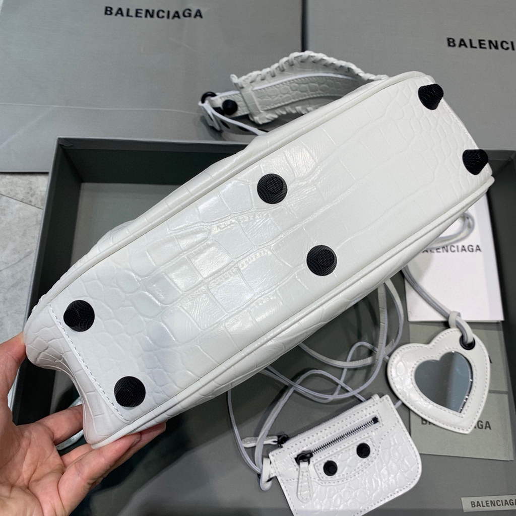 Balenciaga 67130723 Women's Le Cagole Small Shoulder Bag Crocodile Embossed In White