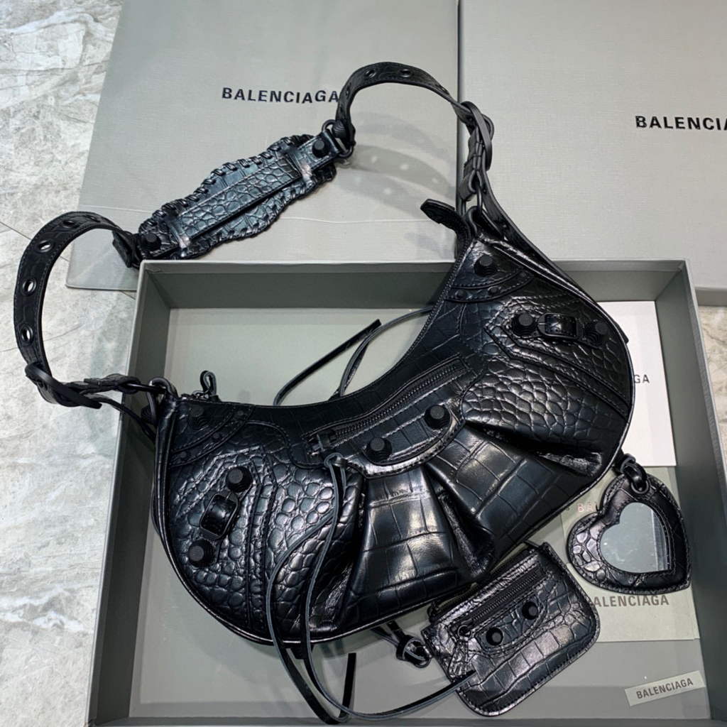 Balenciaga 67130723 Women's Le Cagole Small Shoulder Bag Crocodile Embossed In Black