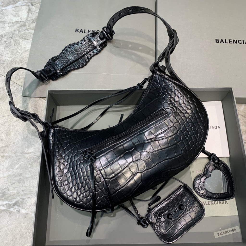 Balenciaga 67130723 Women's Le Cagole Small Shoulder Bag Crocodile Embossed In Black